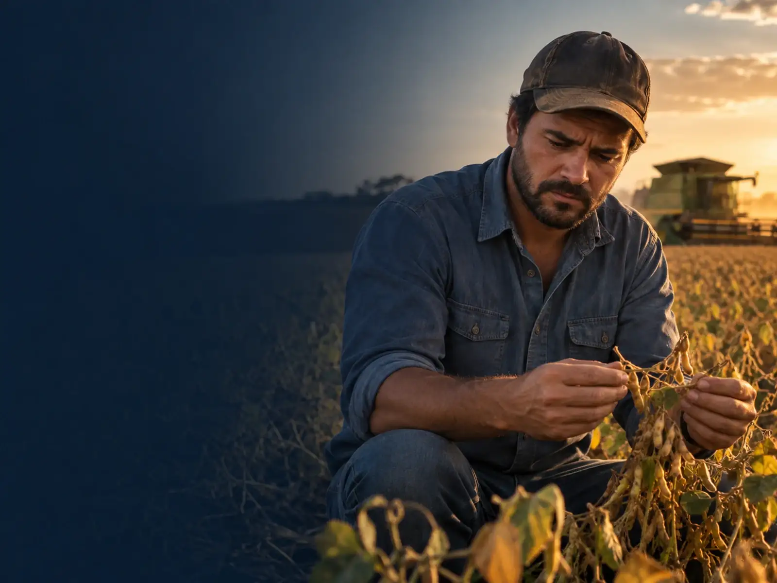 Banco pode negar a prorrogação do custeio: produtor rural conversa com gerente de agência bancária segurando pasta com laudo e cédula de crédito
