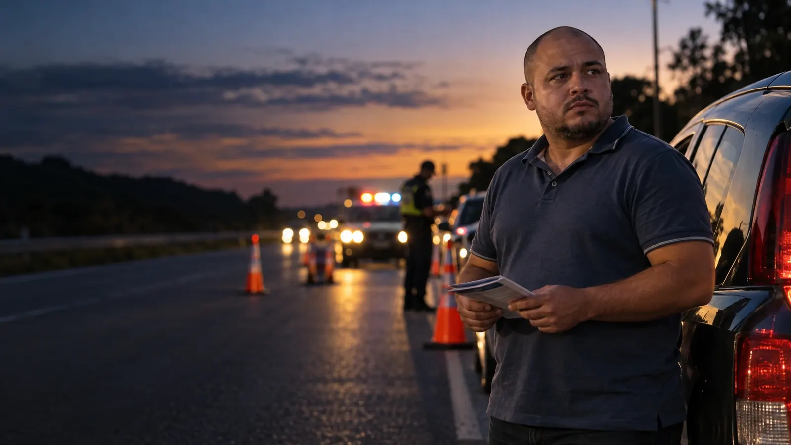 Motorista ao lado do carro com os documentos na mão durante uma blitz na estrada ao entardecer
