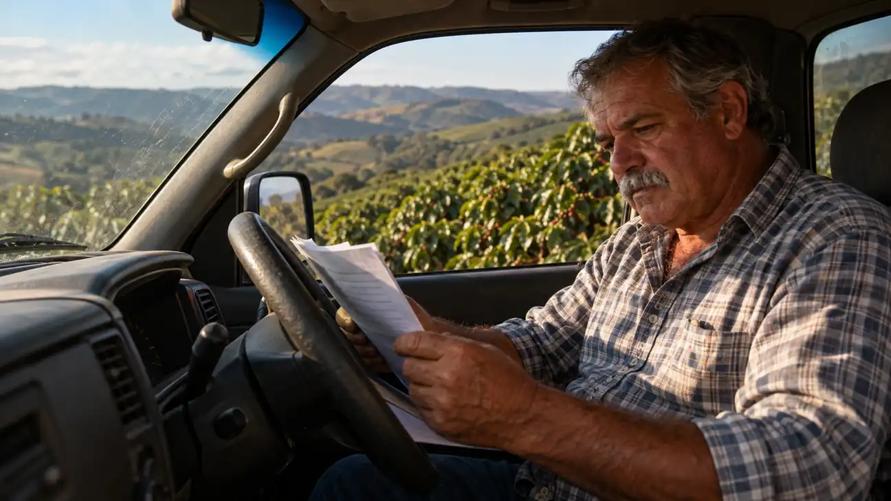 Produtor rural lendo um documento de crédito rural dentro da caminhonete, ao lado do cafezal