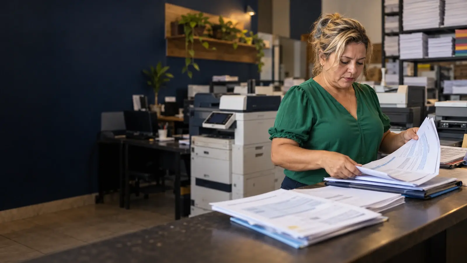 Mulher organizando documentos e comprovantes impressos em uma gráfica