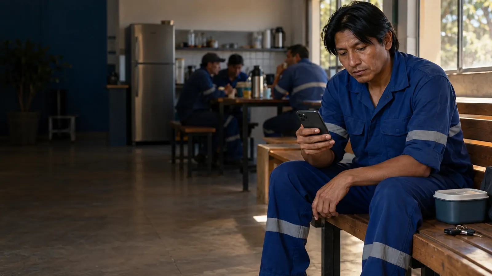 Trabalhador de uniforme consultando o celular no refeitório da empresa