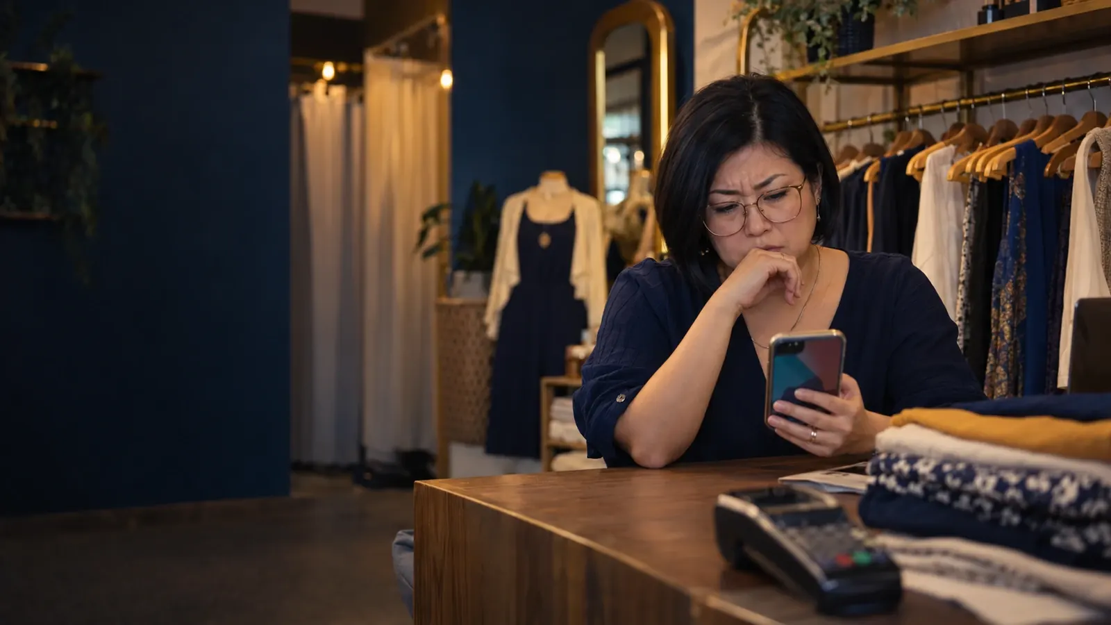 Dona de loja de roupas preocupada olhando o celular atrás do balcão, ao lado da maquininha de cartão