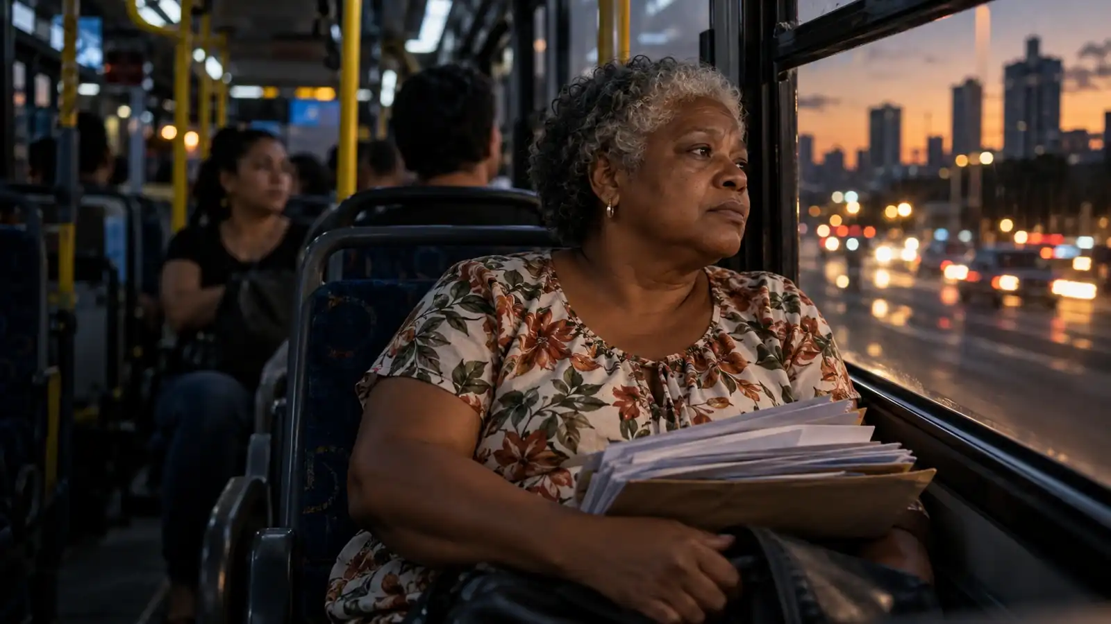 Mulher dentro de um ônibus à noite com uma pasta de contas e cartas de empréstimo no colo
