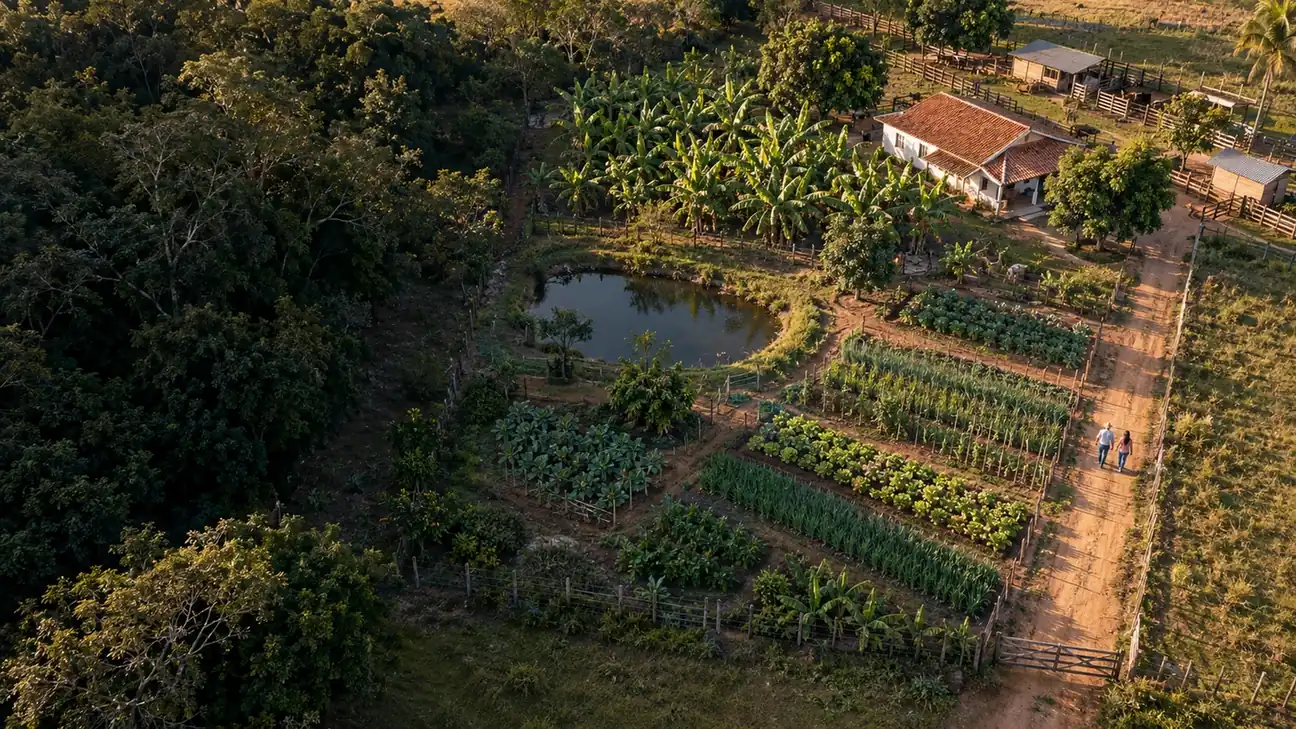 Vista aérea de uma pequena propriedade rural com horta, bananal, açude e casa