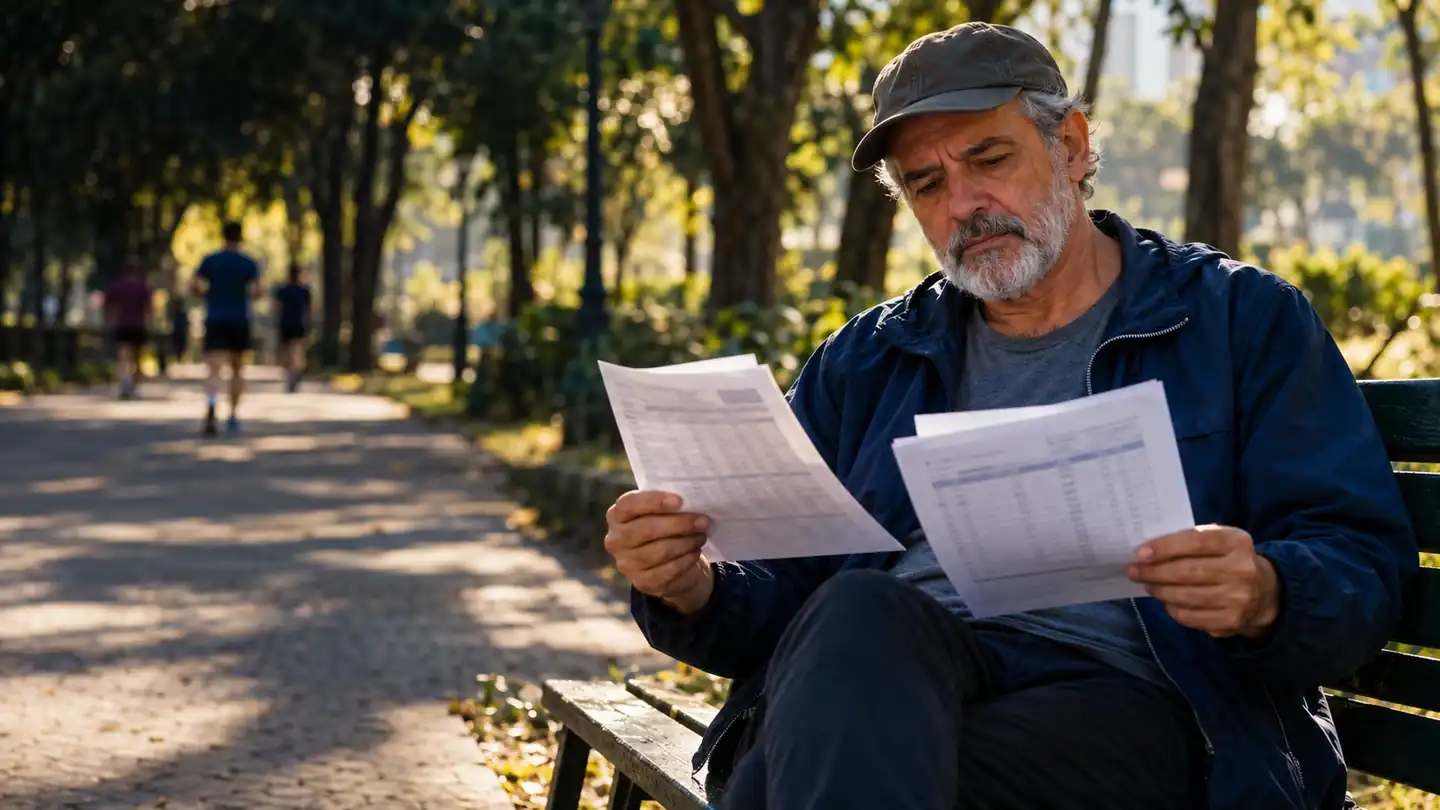 Homem sentado em um banco de praça comparando duas planilhas impressas