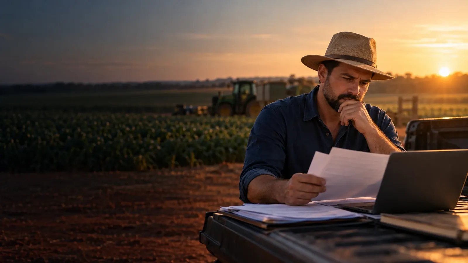 Direito do agronegócio: produtor rural na lavoura com a safra e a propriedade