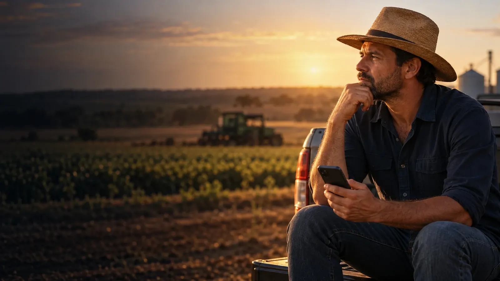 Produtor rural de chapéu consulta o celular na lavoura ao pôr do sol, atendimento online da Marianne Andrade Advocacia