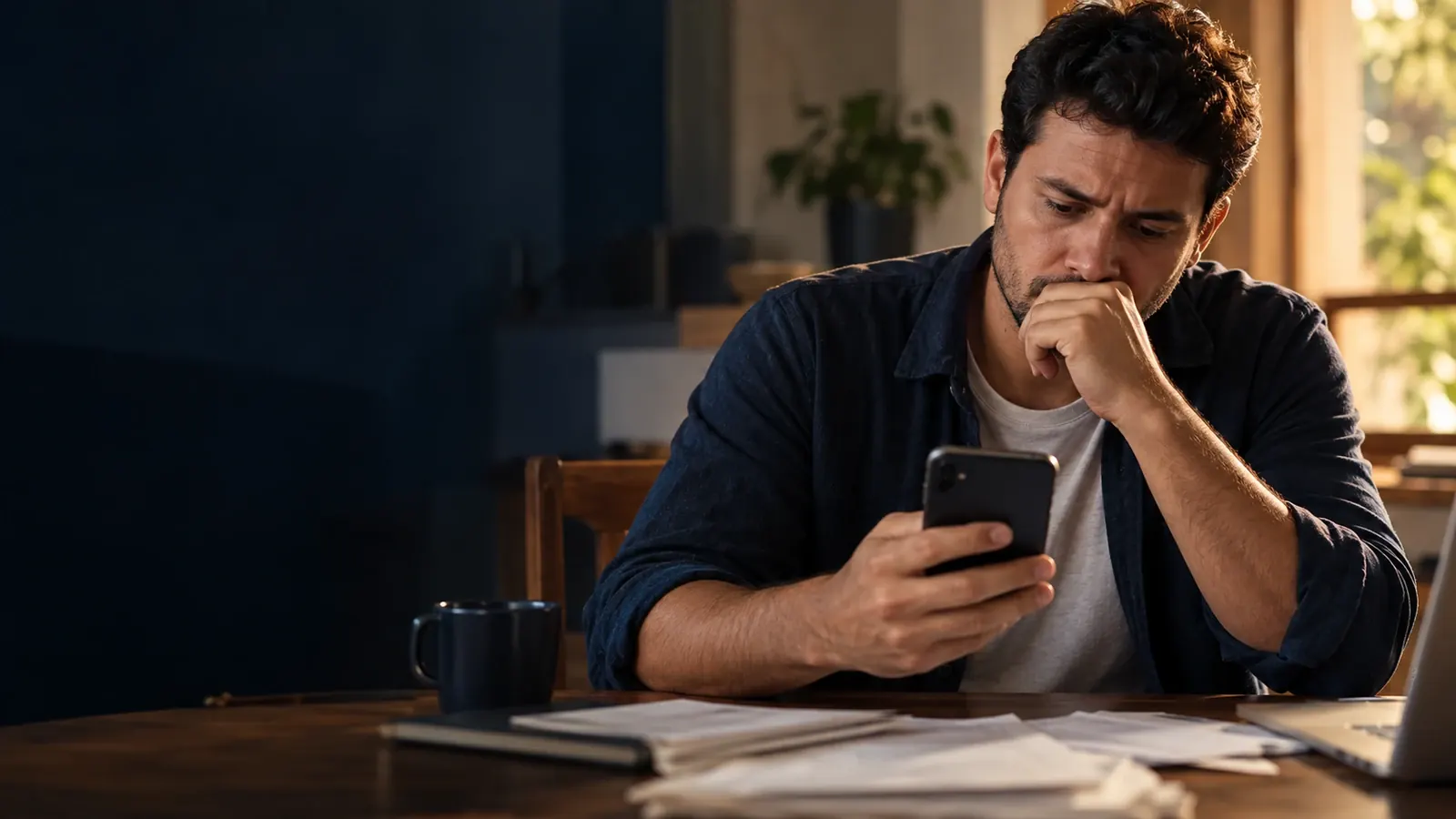 Pessoa conferindo restrição no nome pelo celular, negativação indevida