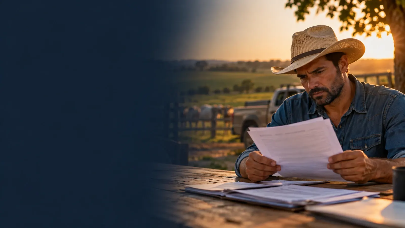 Securitização de dívida rural: produtor de café analisa cédulas antigas e extratos de cobrança na mesa da sede da fazenda
